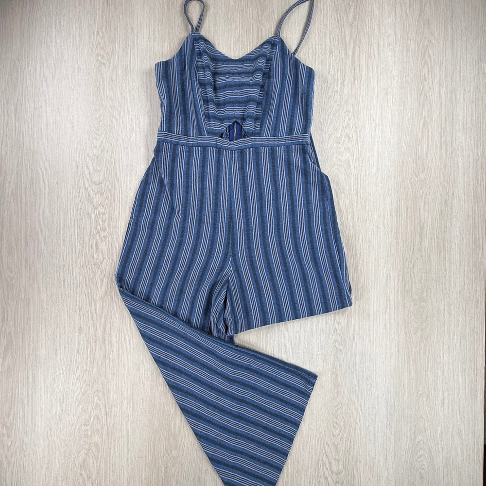 Striped Jumpsuit American Rag Wide Leg Women Size L Sleeveless Boho Casual